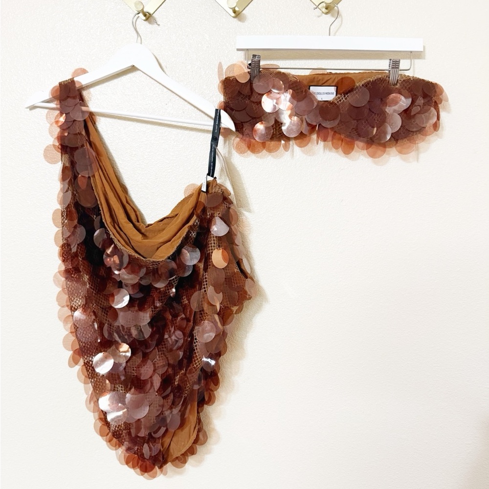 The Dolls House Gia Drape Mini Dress Set in Brown Copper Sequin size large $495 - Picture 6 of 14